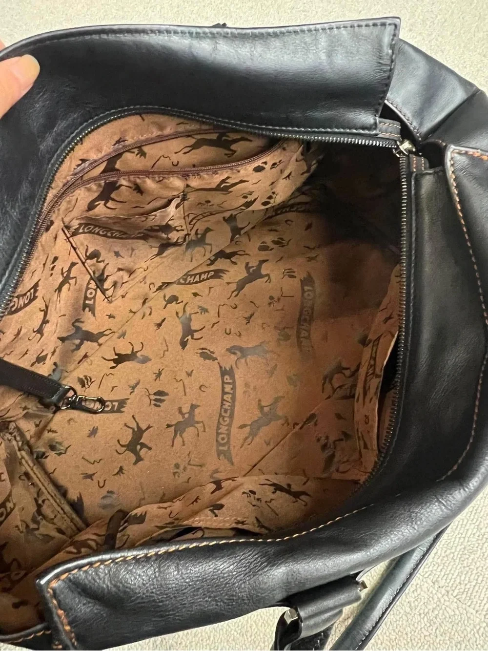 Longchamp Black Leather Tote with Brown Contrast Trim